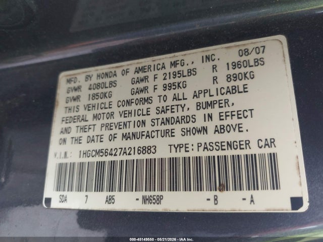 Продажа на аукционе авто 2007 Honda Accord 2.4 Lx, vin: 1HGCM56427A216883, номер лота: 45149550