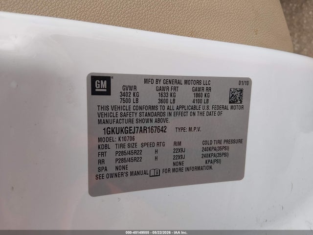 45149555 :رقم المزاد ، 1GKUKGEJ7AR167642 vin ، 2010 Gmc Yukon Hybrid Denali مزاد بيع