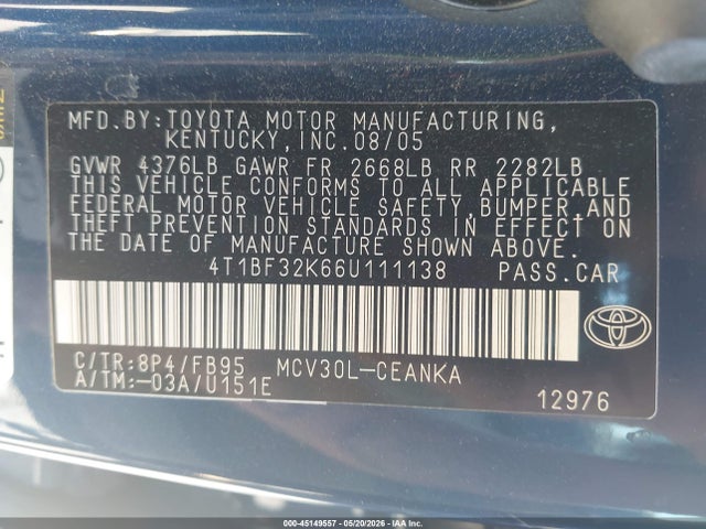 Aukcja sprzedaży 2006 Toyota Camry Le V6, vin: 4T1BF32K66U111138, numer aukcji: 45149557