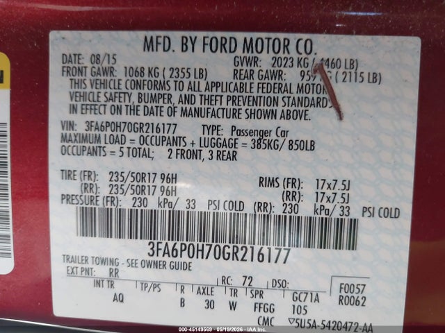 Ford FUSION SE 2016 3FA6P0H70GR216177 Image 9