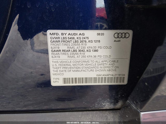 2020 Audi Q5 Premium 45 Tfsi Quattro S Tronic მანქანა იყიდება აუქციონზე, vin: WA1ANAFY4L2116104, აუქციონის ნომერი: 45149578