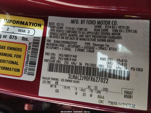 Продажа на аукционе авто 2015 Lincoln Mkz, vin: 3LN6L2J90FR627022, номер лота: 45149579