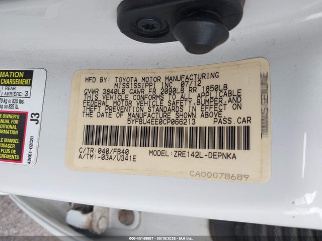 Aukcja sprzedaży 2012 Toyota Corolla Le, vin: 5YFBU4EE0CP066213, numer aukcji: 45149587