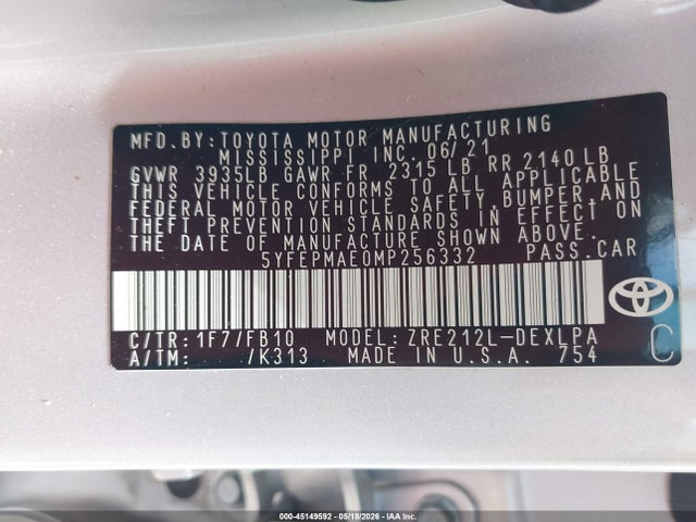 2021 Toyota Corolla Le მანქანა იყიდება აუქციონზე, vin: 5YFEPMAE0MP256332, აუქციონის ნომერი: 45149592