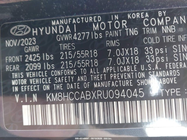 Продаж на аукціоні авто 2024 Hyundai Kona Sel, vin: KM8HCCABXRU094045, номер лоту: 45149597