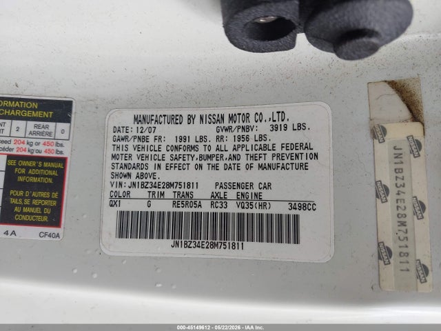 45149612 :رقم المزاد ، JN1BZ34E28M751811 vin ، 2008 Nissan 350z Enthusiast مزاد بيع