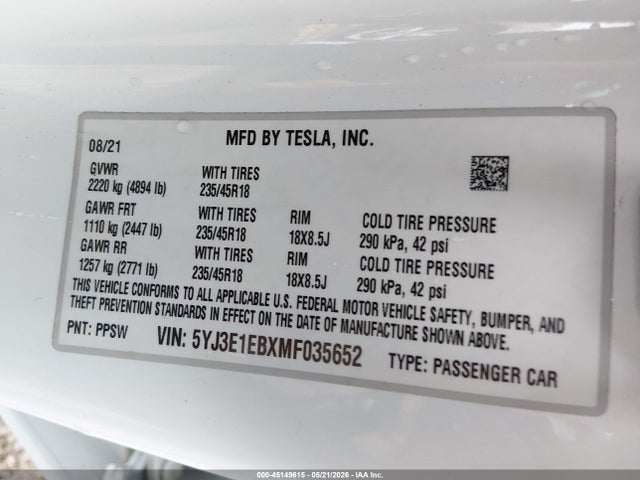 Продаж на аукціоні авто 2021 Tesla Model 3 Long Range, vin: 5YJ3E1EBXMF035652, номер лоту: 45149615