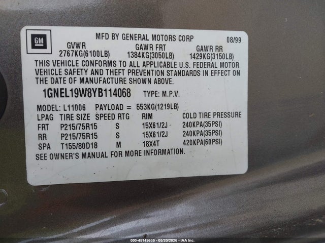 45149635 :رقم المزاد ، 1GNEL19W8YB114068 vin ، 2000 Chevrolet Astro مزاد بيع