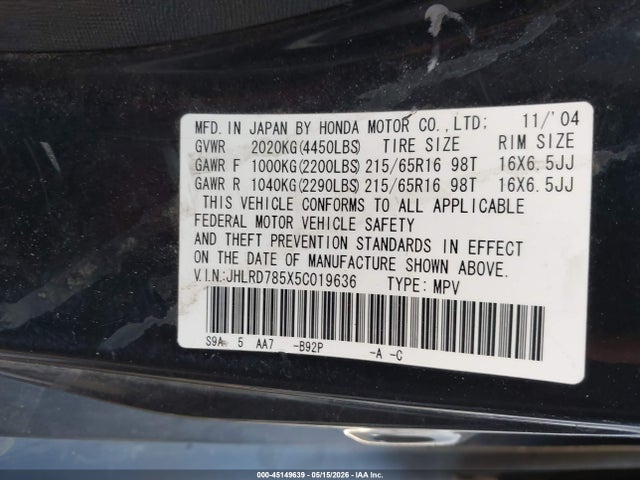 45149639 :رقم المزاد ، JHLRD785X5C019636 vin ، 2005 Honda Cr-v Lx مزاد بيع