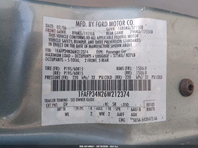 Aukcja sprzedaży 2006 Ford Focus Zx4, vin: 1FAFP34N26W212374, numer aukcji: 45149641