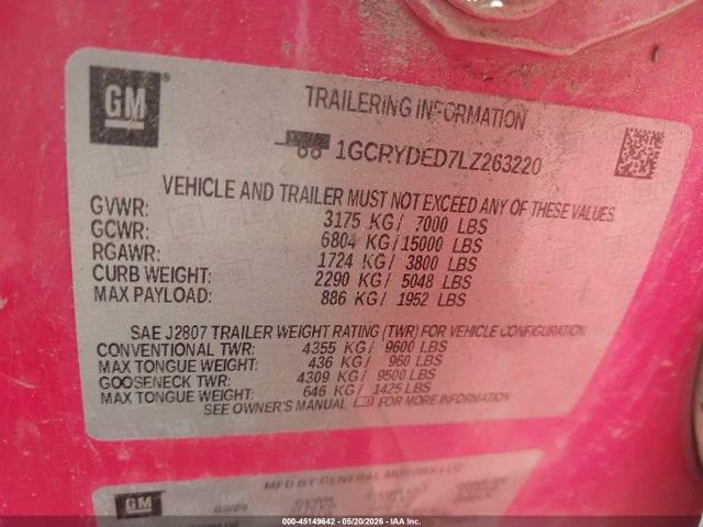 Auction sale of the 2020 Chevrolet Silverado 1500 4wd  Standard Bed Lt, vin: 1GCRYDED7LZ263220, lot number: 45149642