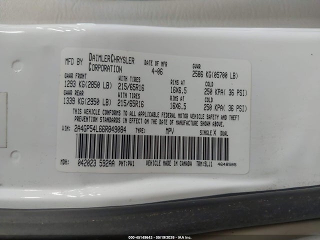 45149643 :رقم المزاد ، 2A4GP54L66R849084 vin ، 2006 Chrysler Town & Country Touring مزاد بيع