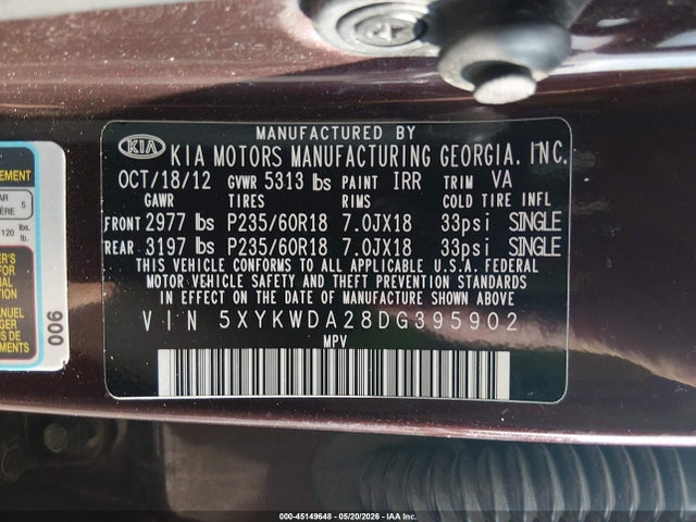 45149648 :رقم المزاد ، 5XYKWDA28DG395902 vin ، 2013 Kia Sorento Sx V6 مزاد بيع