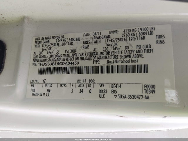 Aukcja sprzedaży 2012 Ford E-350 Super Duty Xlt, vin: 1FBSS3BL9CDA04450, numer aukcji: 45149649