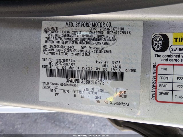 Aukcja sprzedaży 2011 Ford Fusion Hybrid, vin: 3FADP0L35BR316473, numer aukcji: 45149652