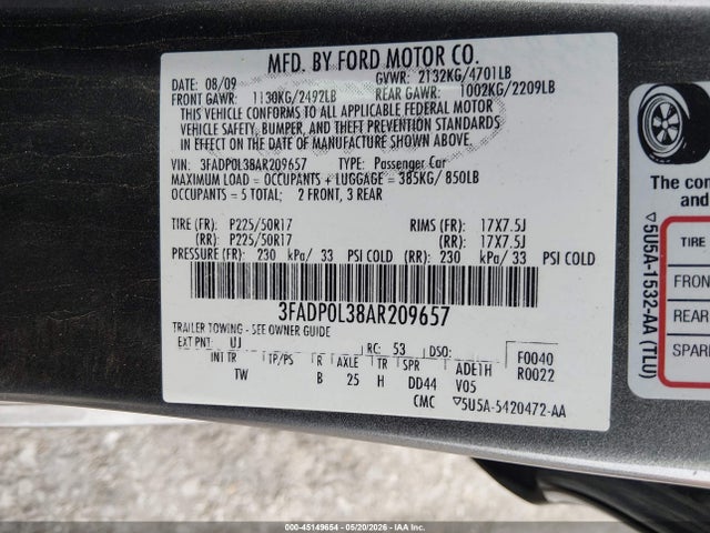Aukcja sprzedaży 2010 Ford Fusion Hybrid, vin: 3FADP0L38AR209657, numer aukcji: 45149654