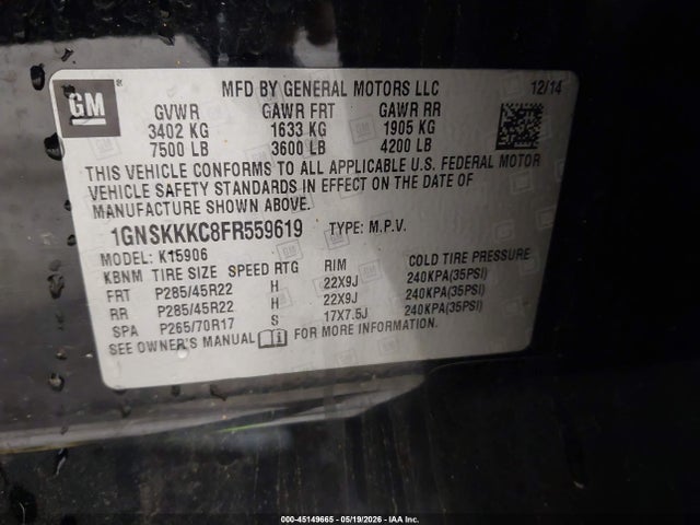 2015 Chevrolet Suburban 1500 Ltz მანქანა იყიდება აუქციონზე, vin: 1GNSKKKC8FR559619, აუქციონის ნომერი: 45149665