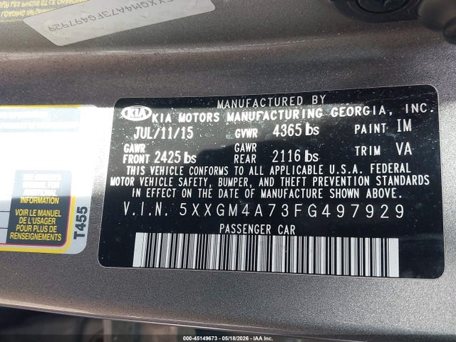 Aukcja sprzedaży 2015 Kia Optima Lx, vin: 5XXGM4A73FG497929, numer aukcji: 45149673