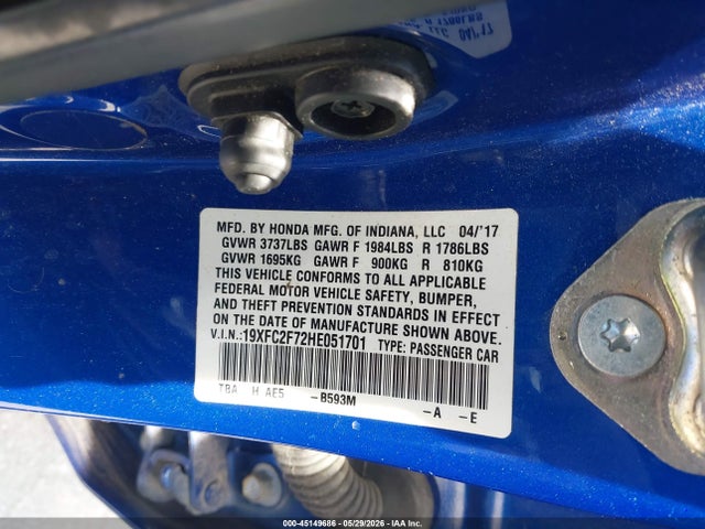 2017 Honda Civic Ex მანქანა იყიდება აუქციონზე, vin: 19XFC2F72HE051701, აუქციონის ნომერი: 45149686