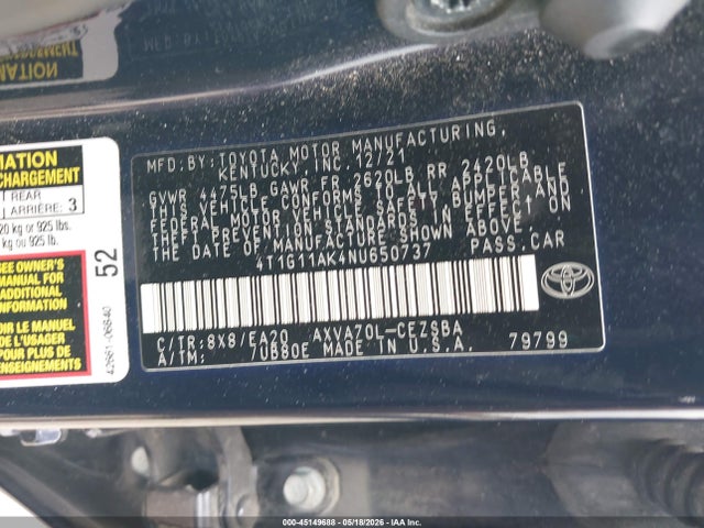 Продаж на аукціоні авто 2022 Toyota Camry Se, vin: 4T1G11AK4NU650737, номер лоту: 45149688