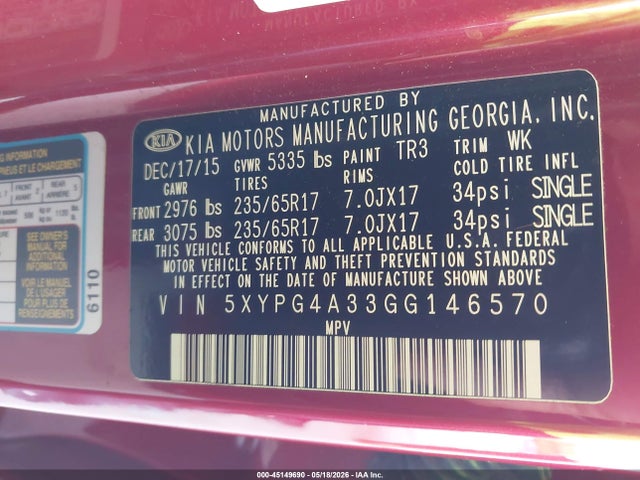 Продажа на аукционе авто 2016 Kia Sorento 2.4l Lx, vin: 5XYPG4A33GG146570, номер лота: 45149690