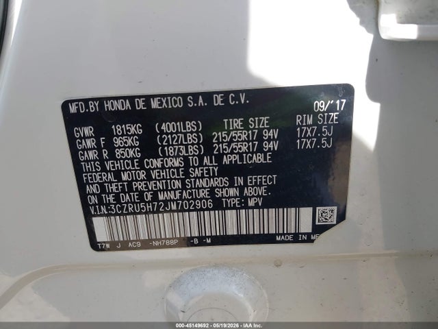 2018 Honda Hr-v Ex-l მანქანა იყიდება აუქციონზე, vin: 3CZRU5H72JM702906, აუქციონის ნომერი: 45149692