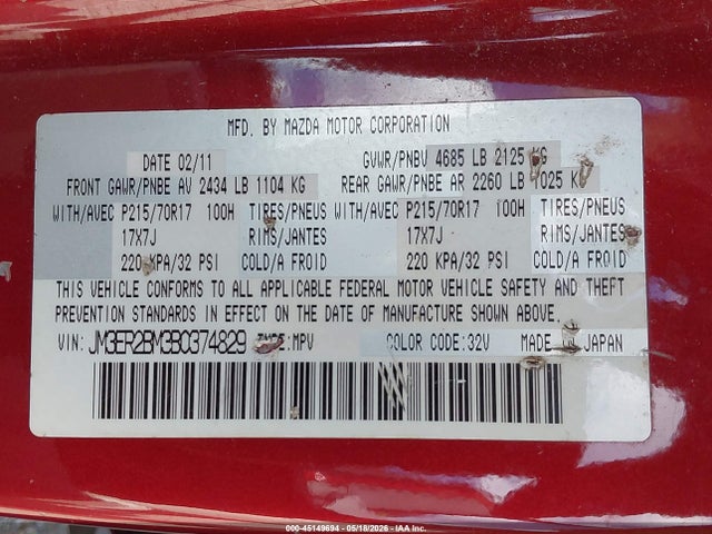 45149694 :رقم المزاد ، JM3ER2BM3B0374829 vin ، 2011 Mazda Cx-7 I Sport مزاد بيع