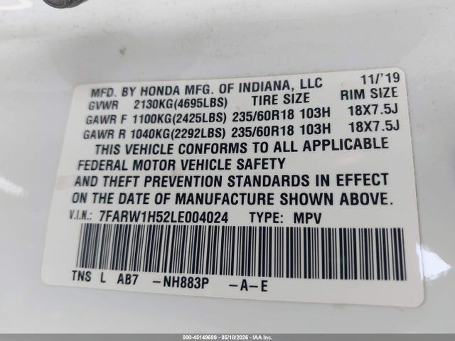 2020 Honda Cr-v 2wd Ex მანქანა იყიდება აუქციონზე, vin: 7FARW1H52LE004024, აუქციონის ნომერი: 45149699