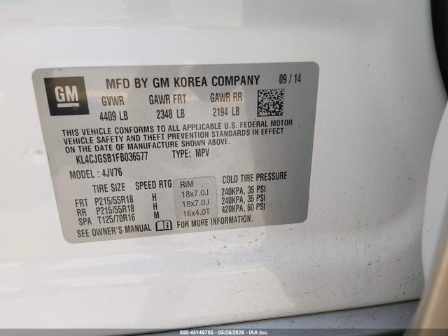 45149705 :رقم المزاد ، KL4CJGSB1FB036577 vin ، 2015 Buick Encore Leather مزاد بيع