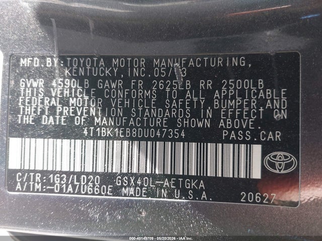 45149709 :رقم المزاد ، 4T1BK1EB8DU047354 vin ، 2013 Toyota Avalon Xle مزاد بيع