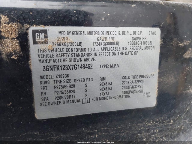 45149713 :رقم المزاد ، 3GNFK123X7G148462 vin ، 2007 Chevrolet Avalanche 1500 Ltz مزاد بيع
