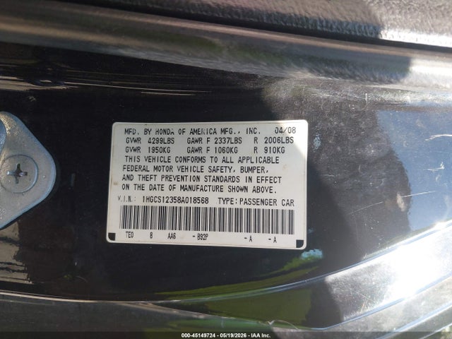 Продажа на аукционе авто 2008 Honda Accord 2.4 Lx-s, vin: 1HGCS12358A018568, номер лота: 45149724