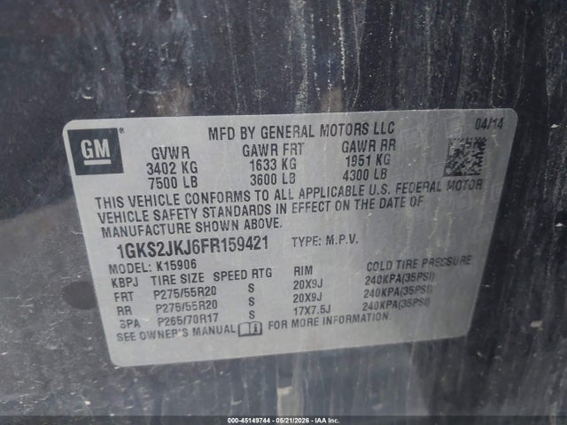 Aukcja sprzedaży 2015 Gmc Yukon Xl 1500 Denali, vin: 1GKS2JKJ6FR159421, numer aukcji: 45149744
