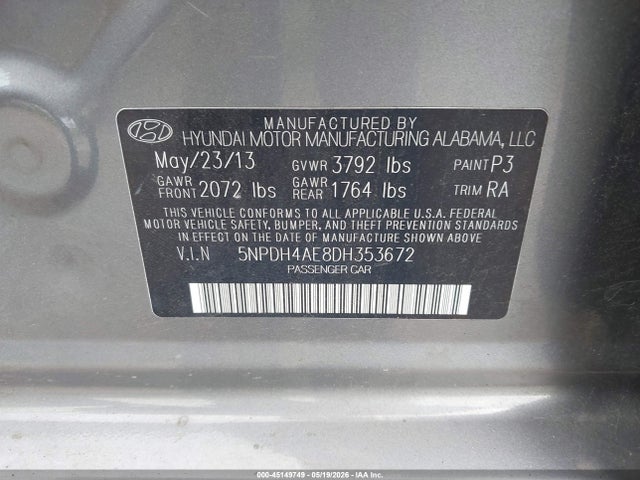 45149749 :رقم المزاد ، 5NPDH4AE8DH353672 vin ، 2013 Hyundai Elantra Gls مزاد بيع