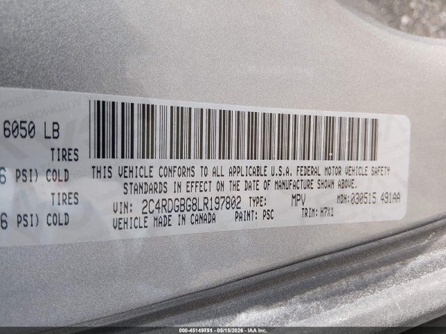 Aukcja sprzedaży 2020 Dodge Grand Caravan Se, vin: 2C4RDGBG8LR197802, numer aukcji: 45149751