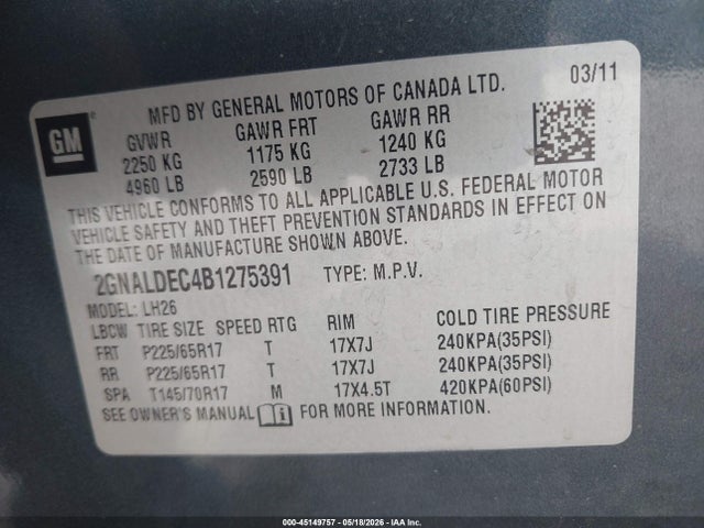 Продаж на аукціоні авто 2011 Chevrolet Equinox 1lt, vin: 2GNALDEC4B1275391, номер лоту: 45149757