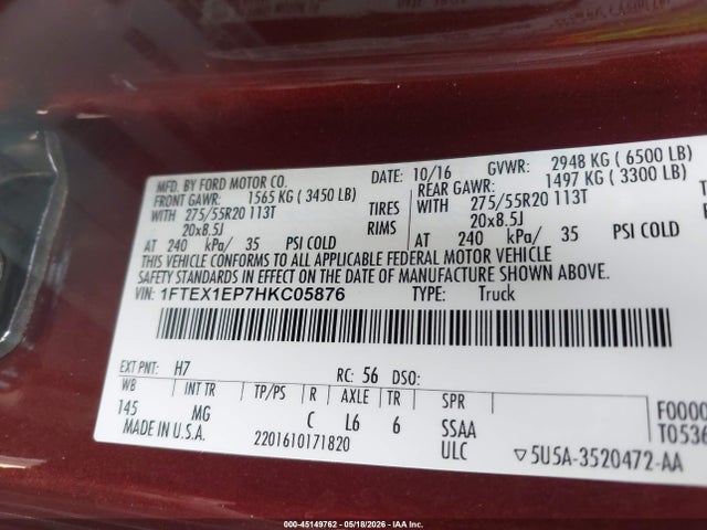1FTEX1EP7HKC05876 Ford F-150 Xlt