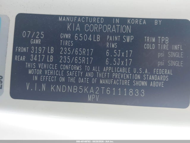 Aukcja sprzedaży 2026 Kia Carnival Mpv Hybrid Lxs, vin: KNDNB5KA2T6111833, numer aukcji: 45149763