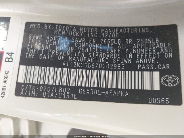 45149767 :رقم المزاد ، 4T1BK36B67U202983 vin ، 2007 Toyota Avalon Limited مزاد بيع