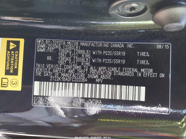 Aukcja sprzedaży 2015 Lexus Rx 350, vin: 2T2ZK1BA0FC203364, numer aukcji: 45149768