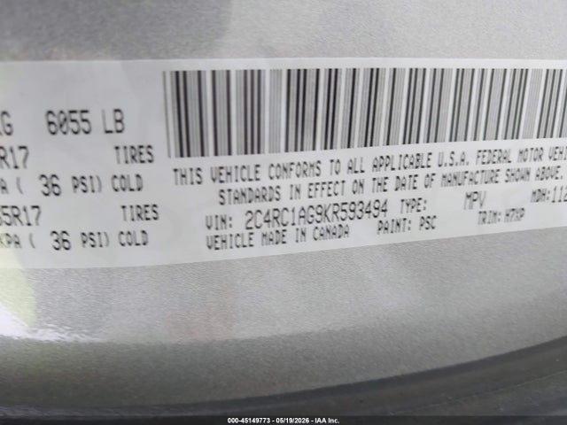 Aukcja sprzedaży 2019 Chrysler Pacifica L, vin: 2C4RC1AG9KR593494, numer aukcji: 45149773