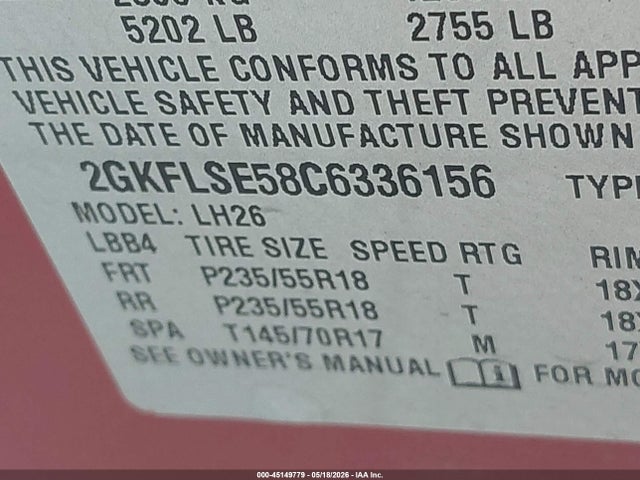 45149779 :رقم المزاد ، 2GKFLSE58C6336156 vin ، 2012 Gmc Terrain Sle-2 مزاد بيع