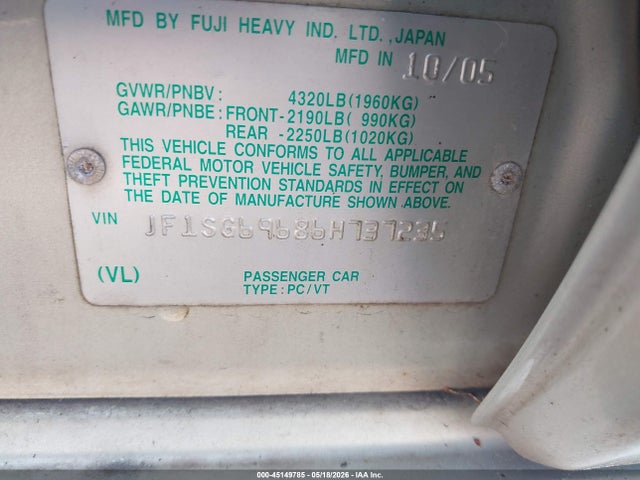 Продажа на аукционе авто 2006 Subaru Forester 2.5xt Limited, vin: JF1SG69686H737235, номер лота: 45149785