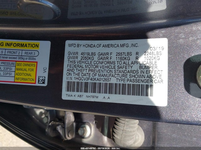 2019 Honda Accord Hybrid Ex მანქანა იყიდება აუქციონზე, vin: 1HGCV3F40KA012657, აუქციონის ნომერი: 45149792