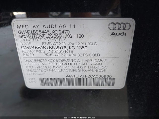 Aukcja sprzedaży 2012 Audi Q5 2.0t Premium, vin: WA1LFAFP2CA060960, numer aukcji: 45149794