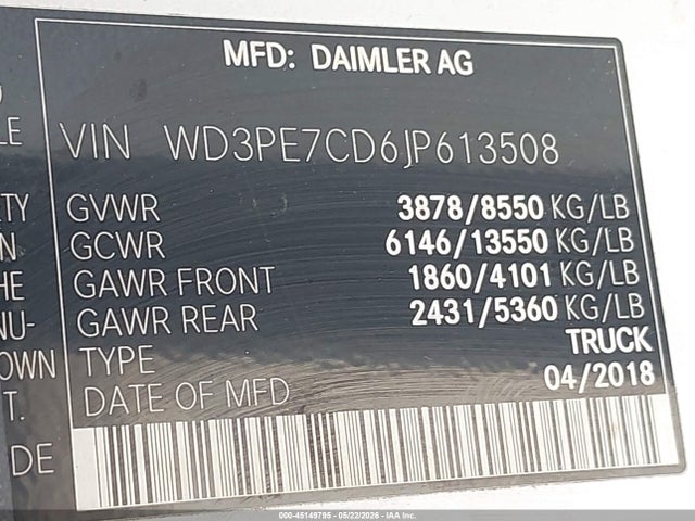 Aukcja sprzedaży 2018 Mercedes-benz Sprinter 2500 Standard Roof V6, vin: WD3PE7CD6JP613508, numer aukcji: 45149795