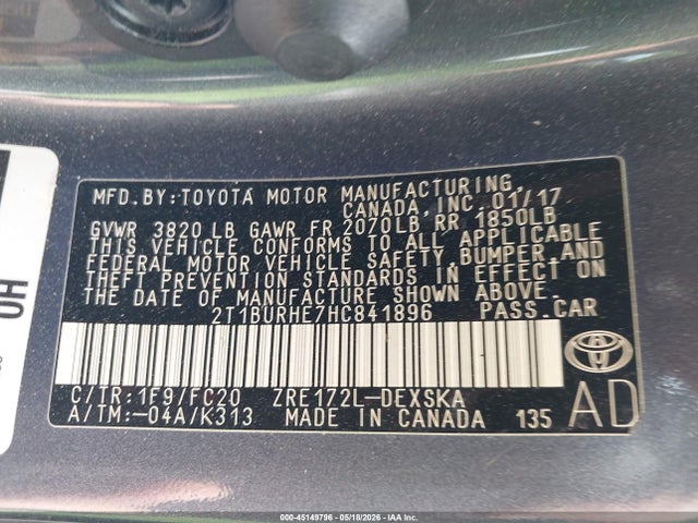45149796 :رقم المزاد ، 2T1BURHE7HC841896 vin ، 2017 Toyota Corolla Se مزاد بيع