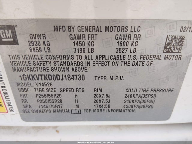 45149800 :رقم المزاد ، 1GKKVTKD0DJ184730 vin ، 2013 Gmc Acadia Denali مزاد بيع