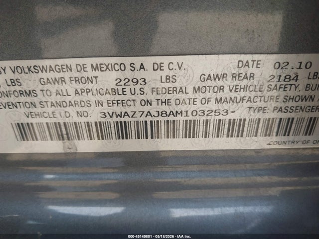 45149801 :رقم المزاد ، 3VWAZ7AJ8AM103253 vin ، 2010 Volkswagen Jetta Limited Edition مزاد بيع