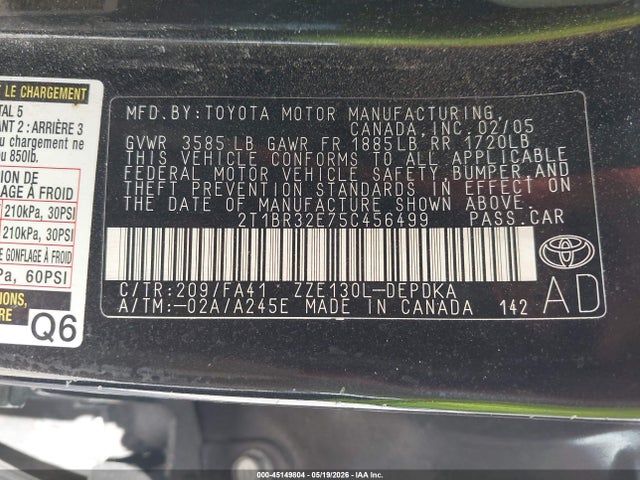 Aukcja sprzedaży 2005 Toyota Corolla Ce, vin: 2T1BR32E75C456499, numer aukcji: 45149804